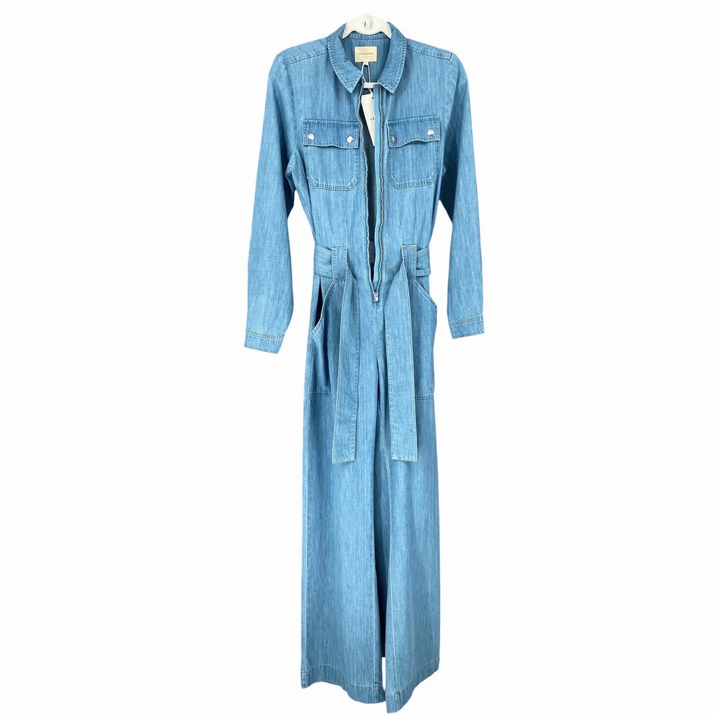 Sezane Denim Bob Jumpsuit Light Blue Wash Utility Long Sleeve Tie Waist US 6 NEW - Picture 14 of 14